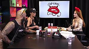 Two hot babes test the product on their tits, redhead and black beauty