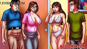 Two hot MILFs swap in bed with nerd stallion.