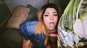 Blonde chubby babe swallows cum in homemade blowjob