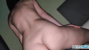 milf with big ass rides big dildo in wet pussy close-up.