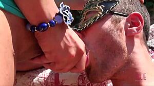 Hot shemale in bondage enjoys outdoor threesome with anal assfucking and blowjob.