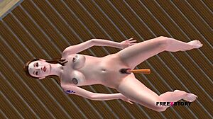 in this 3d anime, a teen girl lies on the floor masturbating with a carrot