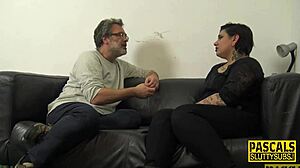 Tattooed chubby submissive feels intense pleasure as she's fingered to squirting orgasm and receives cum in mouth