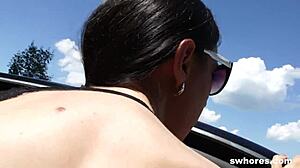 Brunette street slut delivers epic blowjob and ass POV.