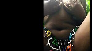 Wow, this ebony model fingers her pussy outdoors in the forest!