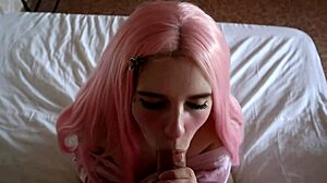 my cute pink-haired girlfriend sucking bubblegum dick with friends watching