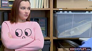 Cute redhead shoplifter punished with rough doggystyle fucking and blowjob