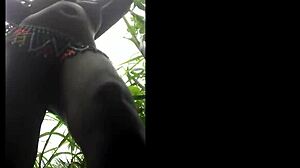 Wow, this ebony model fingers her pussy outdoors in the forest!