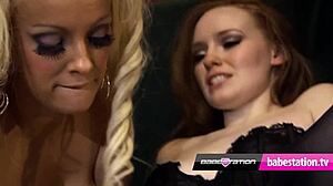 Intriguing contrast between blonde and redhead babes Dolly and Khloe in lingerie fucking with big natural tits at UK Babestation