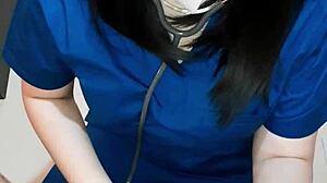 Young Asian brunette doctor rides patient cowgirl style in homemade session