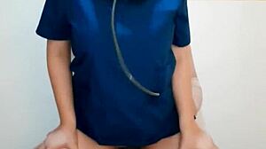 Young Asian brunette doctor rides patient cowgirl style in homemade session