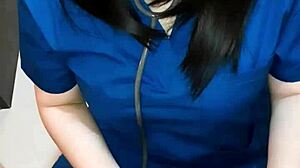 Young Asian brunette doctor rides patient cowgirl style in homemade session