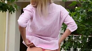 blonde isabella d undresses and plays with water hose outdoors