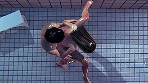 Skinny Girl Fucks In The Shower During Anime Game