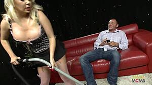 Naughty tattooed maid takes a break to ride cock in cowgirl and get cum on face