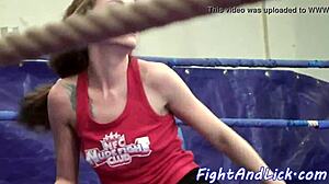 European beauties wrestle and lick pussies