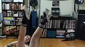 Blonde milf teases with black and white skirt striptease