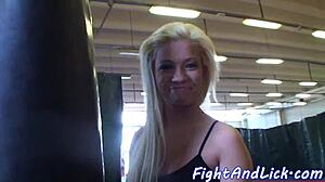 These wrestling cuties are pussytoying each other in the boxing ring, it's so hot