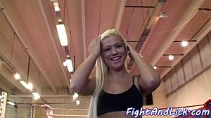 These wrestling cuties are pussytoying each other in the boxing ring, it's so hot
