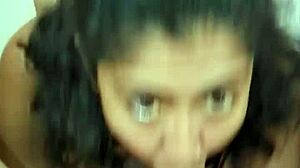 Latina wife gives close-up blowjob.