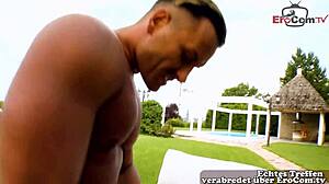 Brunette slut takes monster cock anal outdoor