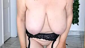 i watch hot milf mariaold tease with huge bouncing boobs in stockings garter high heels