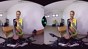 Horny racer shaved blonde gives hardcore blowjob