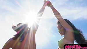 Bold interracial lesbian sex with petite Asian teens licking and fingering intensely.