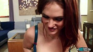 did that redhead give sloppy blowjob to the guy's big tits cock?