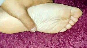 Waking cousin with dick on feet for foot masturbation and cum