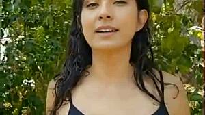 sexy latina brunette teases with stunning tits in forest