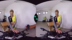 Horny racer shaved blonde gives hardcore blowjob