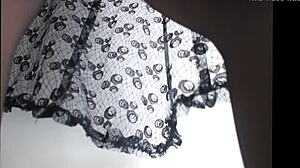 She teases in sheer pantyhose, upskirt view of her wet panties