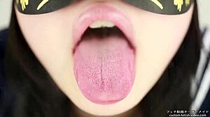 This asian girl in a tongue spit fetish video uses her saliva and tongue in a japanese style