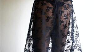 She teases in sheer pantyhose, upskirt view of her wet panties