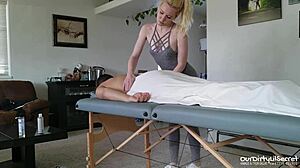 Blonde wife gives friend a homemade massage ending with cum swallow in POV