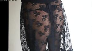 She teases in sheer pantyhose, upskirt view of her wet panties