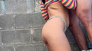 Epic Blowjob by Brunette in Long Striped Socks