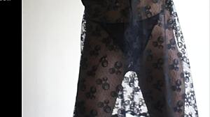 She teases in sheer pantyhose, upskirt view of her wet panties