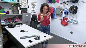 Cute Smiling Ebony Pornstar Bent Over in Rough Doggystyle at Shop.