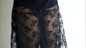 She teases in sheer pantyhose, upskirt view of her wet panties