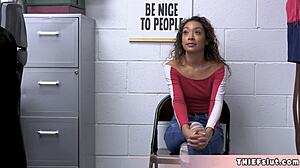 Cute Smiling Ebony Pornstar Bent Over in Rough Doggystyle at Shop.