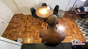 cleo cadillac gets buried by big cock in kitchen with hairy pussy