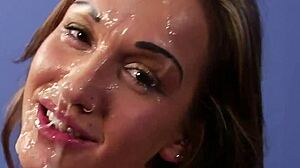 foxy hottie gets bukkake facial while sucking cum and swapping jizz