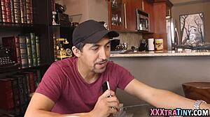 Watch This Teeny Skank Get A Facial After Intense Blowjob And Handjob On Her Small Tits!