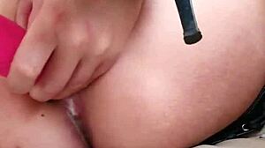 Chastity-Eve's tight wet pussy drips cum while masturbating with toys, clothes ripped, voyeur watches