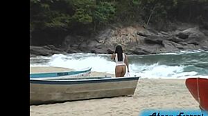 Exhibitionism on beaches with thong and shorts stuffed in big ass