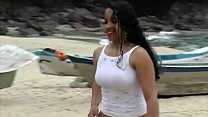 Exhibitionism on beaches with thong and shorts stuffed in big ass