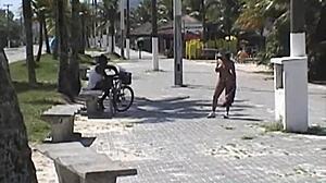 Exhibitionism on beaches with thong and shorts stuffed in big ass