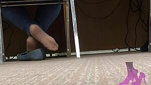 Hey, check my wife’s candid nylon shoeplay at the library!